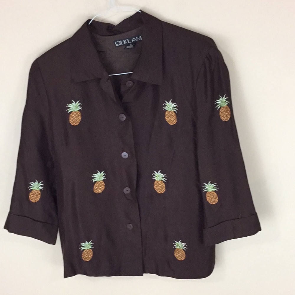 Silkland Brown Silk Top with Embroidered Beaded Pineapples Size 10 - Picture 15 of 15